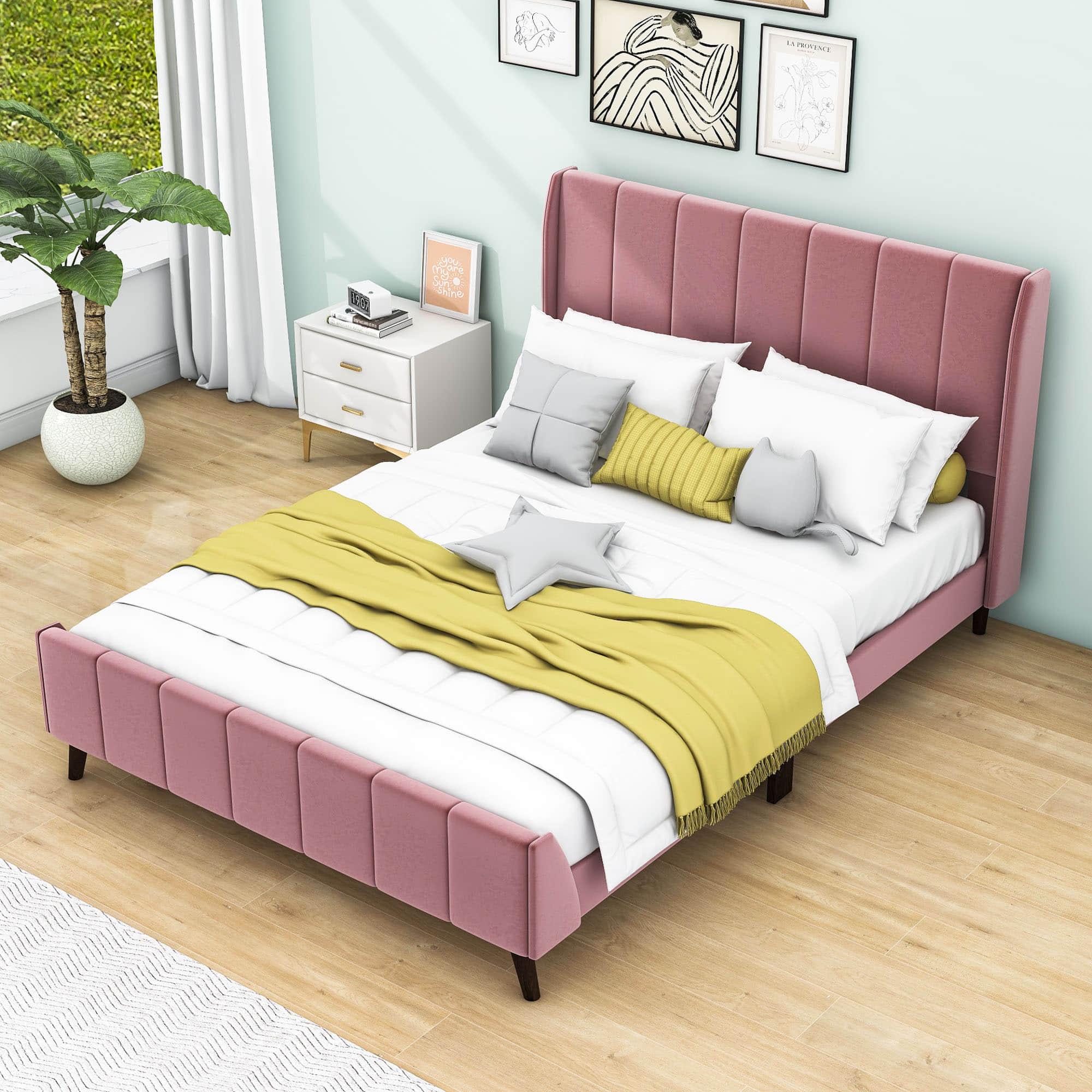 Modern Velvet Upholstered Queen Bed Frame with Wingback Headboard