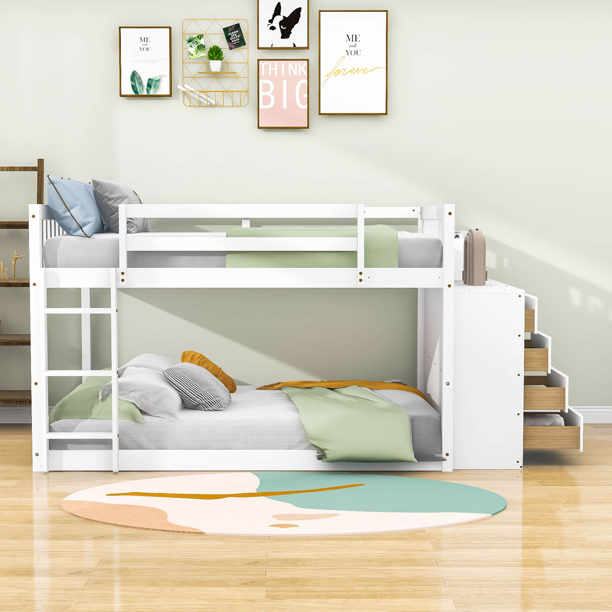 Low Full Over Full Bunk Beds for Kids, Toddlers with Storage - [Wood]