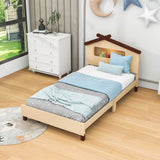 Kids Twin Platform Bed with House-Shaped Headboard and LED Lights