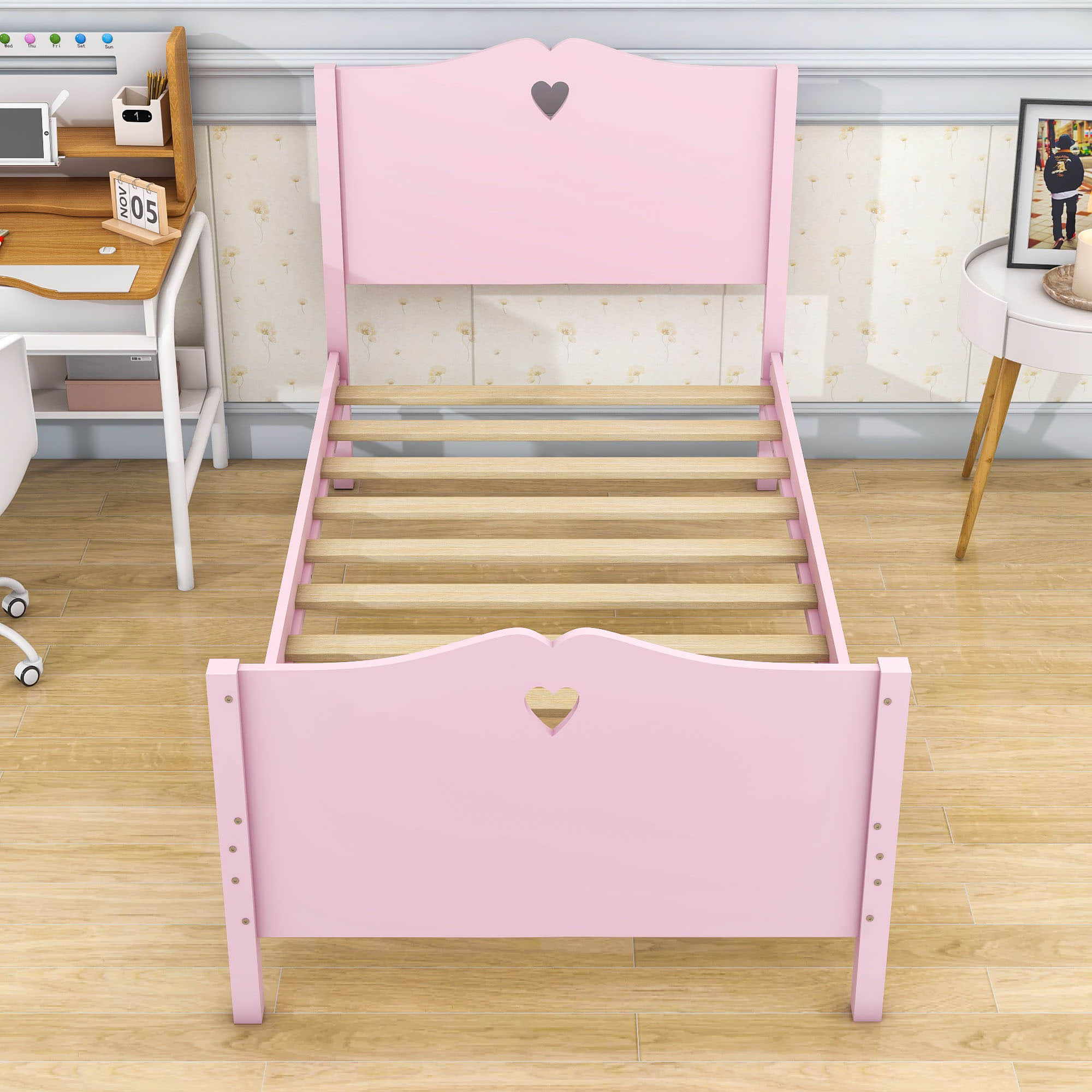 Wood Girls Twin Platform Bed with Headboard and Footboard