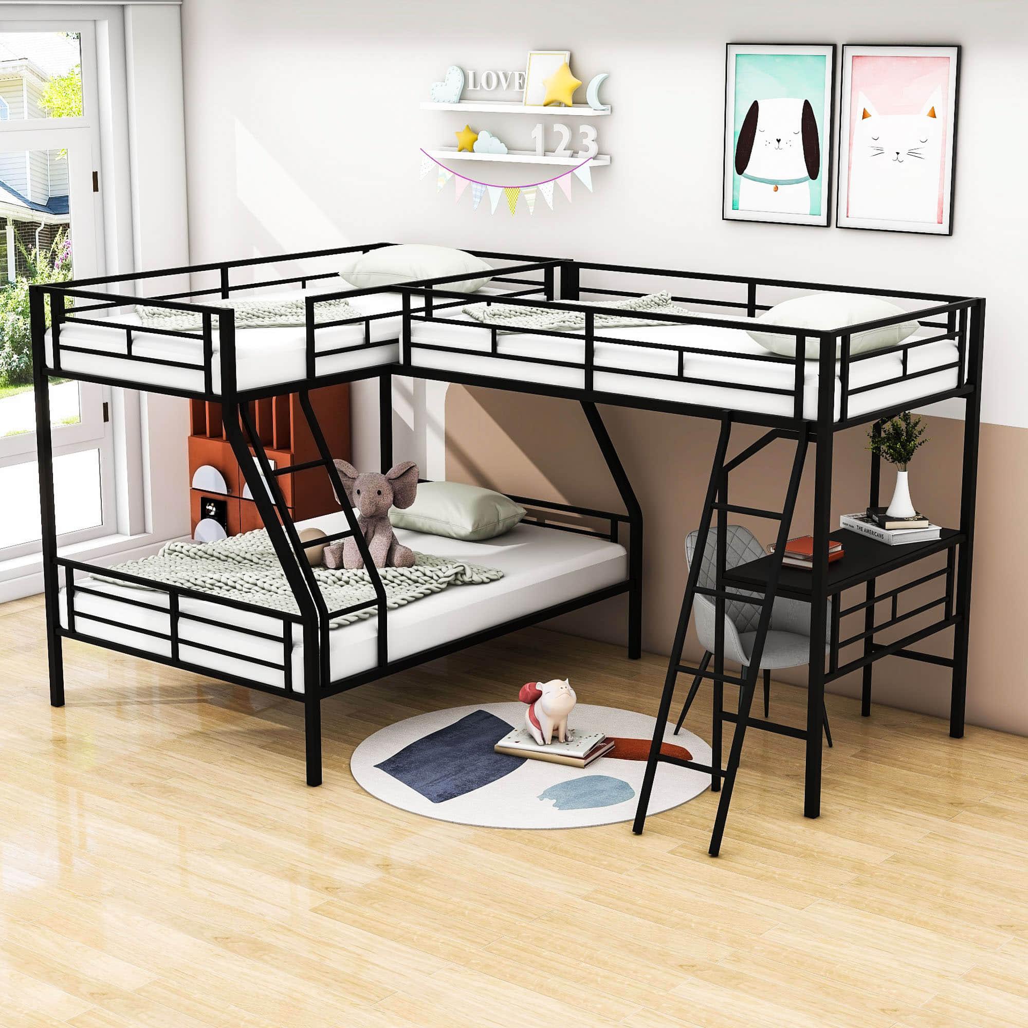 Twin Over Full Corner Loft Triple Bunk Beds with Desk - [Metal, Black]