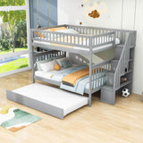 Wooden Full Size Bunk Bed with Stairs and Trundle, Storage Shelves