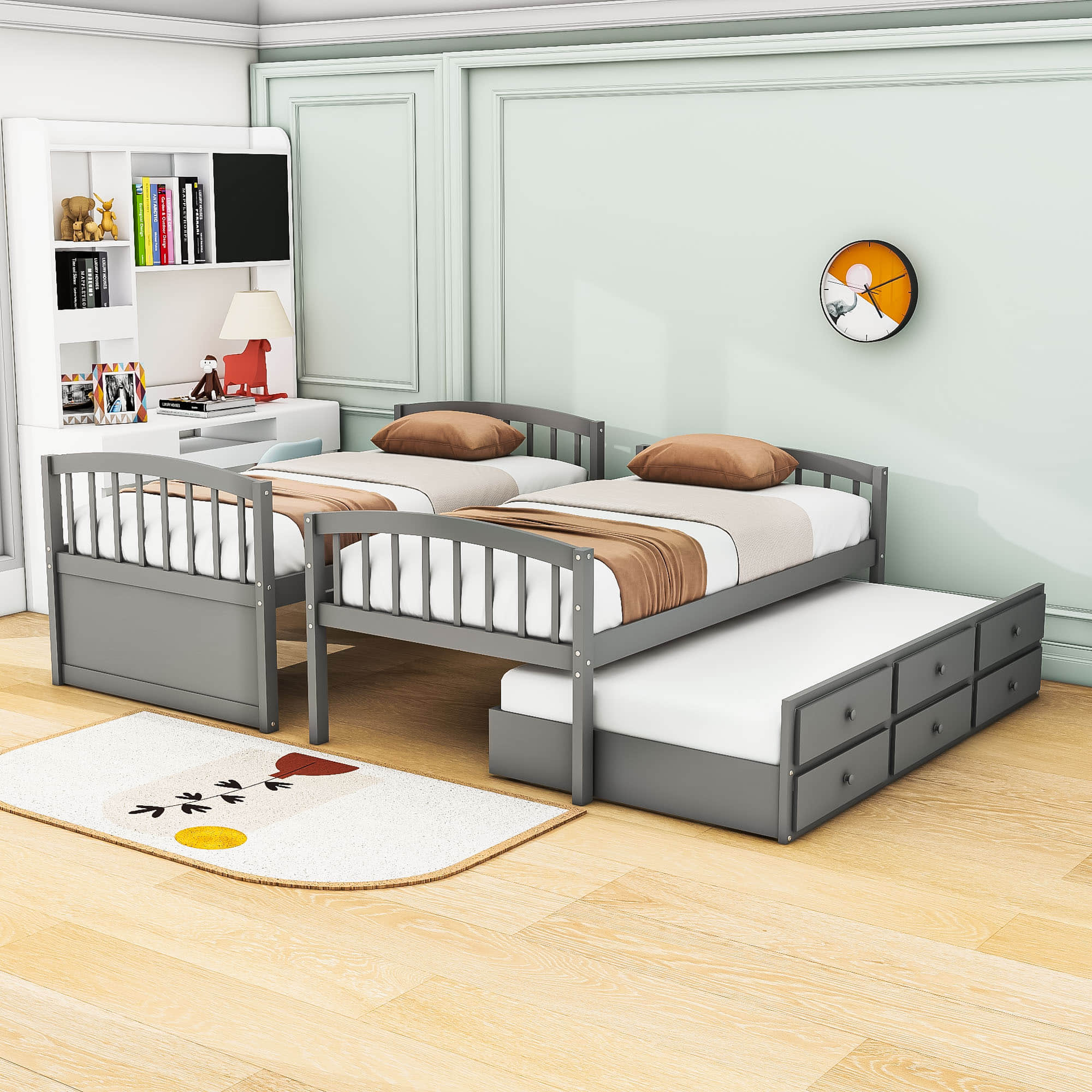 Convertible Twin Over Twin Bunk Beds for Kids Adults with Trundle and Storage - [Wood, Drawers]