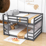 Modern Low Full Over Full Bunk Beds for Kids Toddler with 2 Ladders - Wooden