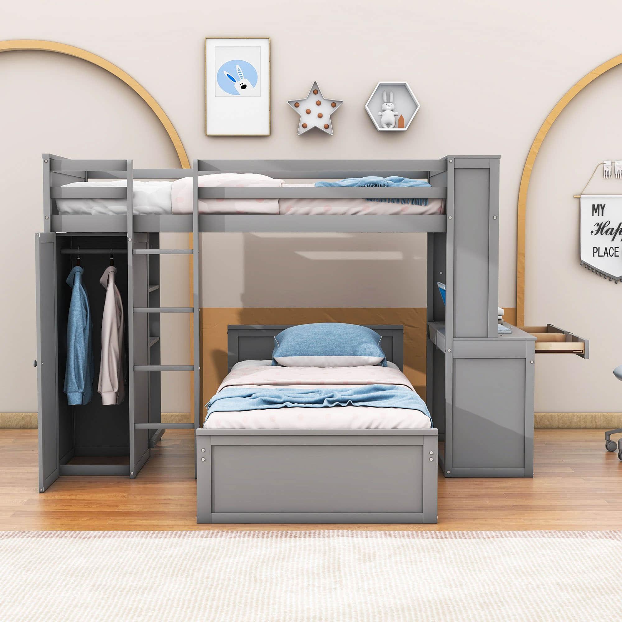 L-Shaped Twin Over Twin Bunk Beds with Desk and Storage - [Wooden, Drawers, Wardrobe]