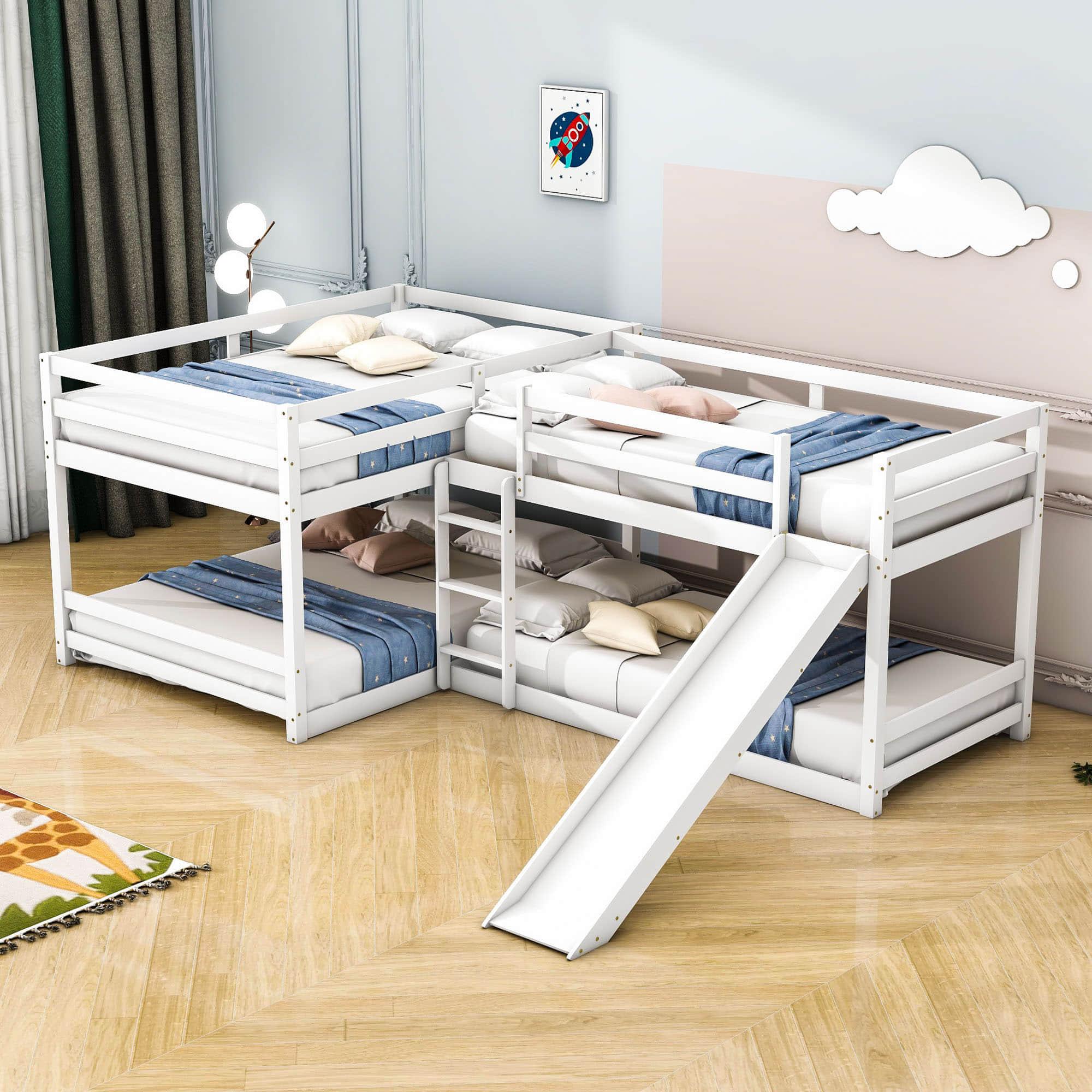 Corner Full and Twin Quad Bunk Beds with Slide - [Wooden, Convertible, L-Shaped]