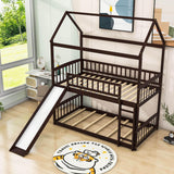 Twin Over Twin Low House Bunk Bed with Slide and Ladder - [Floor, Interchangeable]