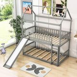 Twin Over Twin Low House Bunk Bed with Slide and Ladder - [Floor, Interchangeable]