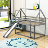 Twin Over Twin House Low Bunk Bed with Slide and Ladder - [Floor, Wood]