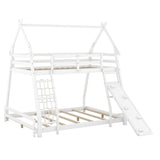 Low Twin Over Queen House Bunk Beds with Climbing Ramp & Nets - [Wooden]