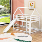 Twin Over Twin House Low Bunk Bed with Slide and Ladder - [Floor, Wood]