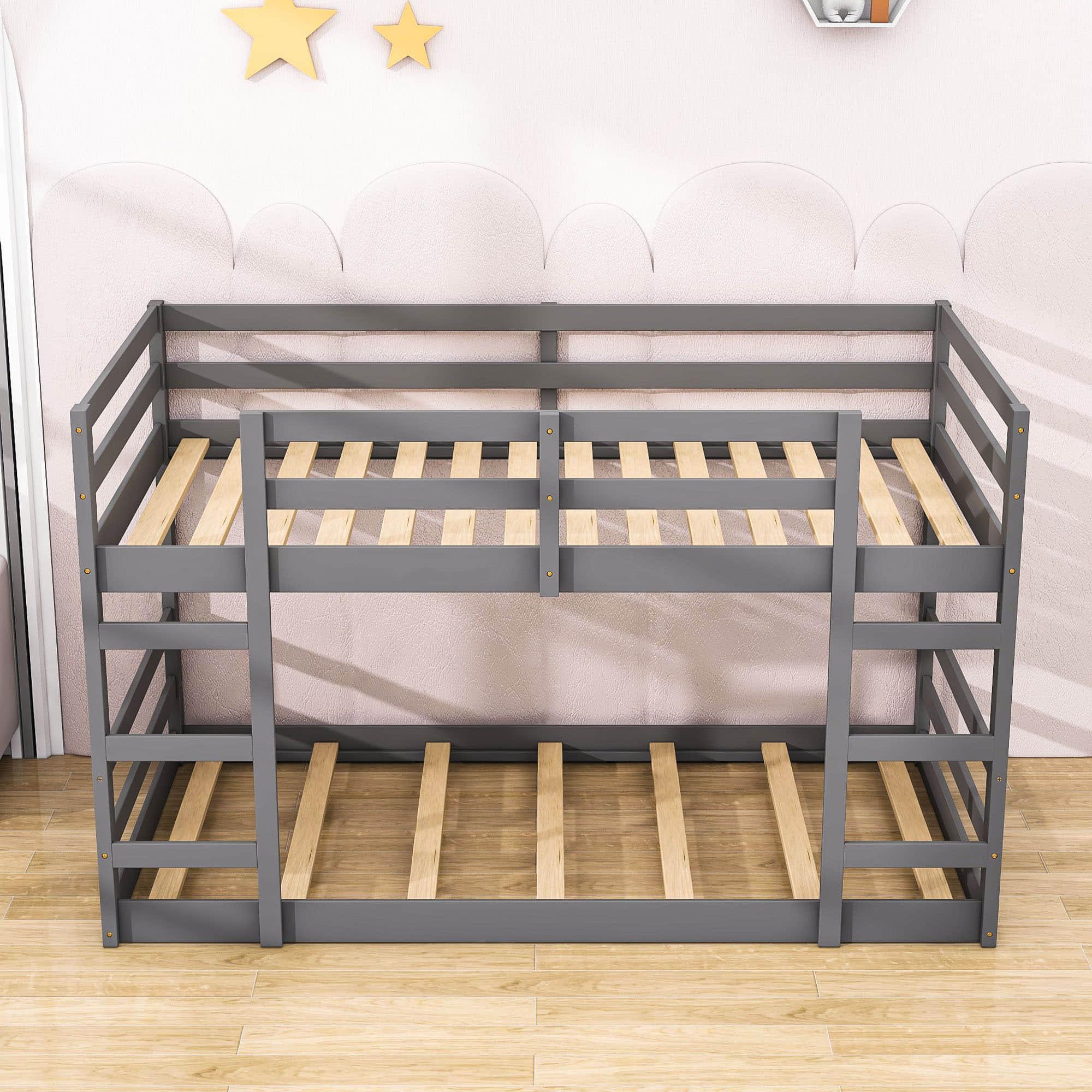 Montessori Low Twin Over Twin Bunk Beds for Kids Toddler - Wooden