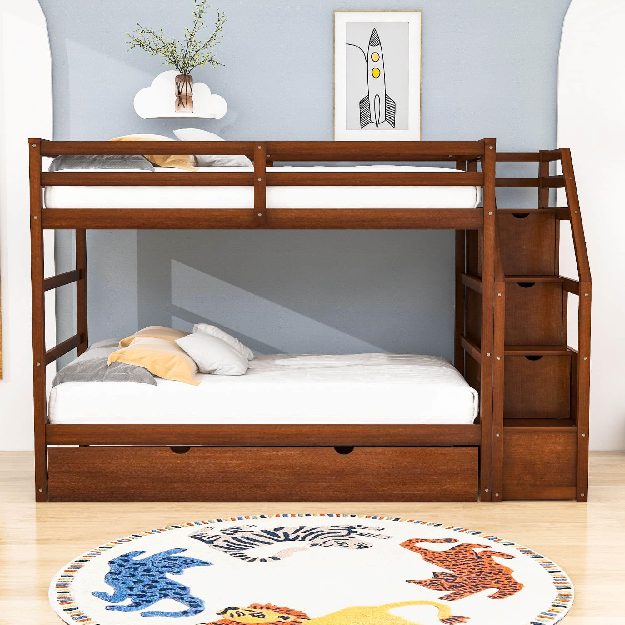 Low Twin Over Twin Bunk Beds for Kids with Storage Stairs and Trundle