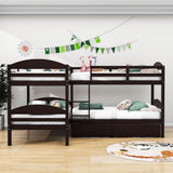 Twin Corner Quad Bunk Beds with Trundle for Kids - [Wooden, L-Shaped]