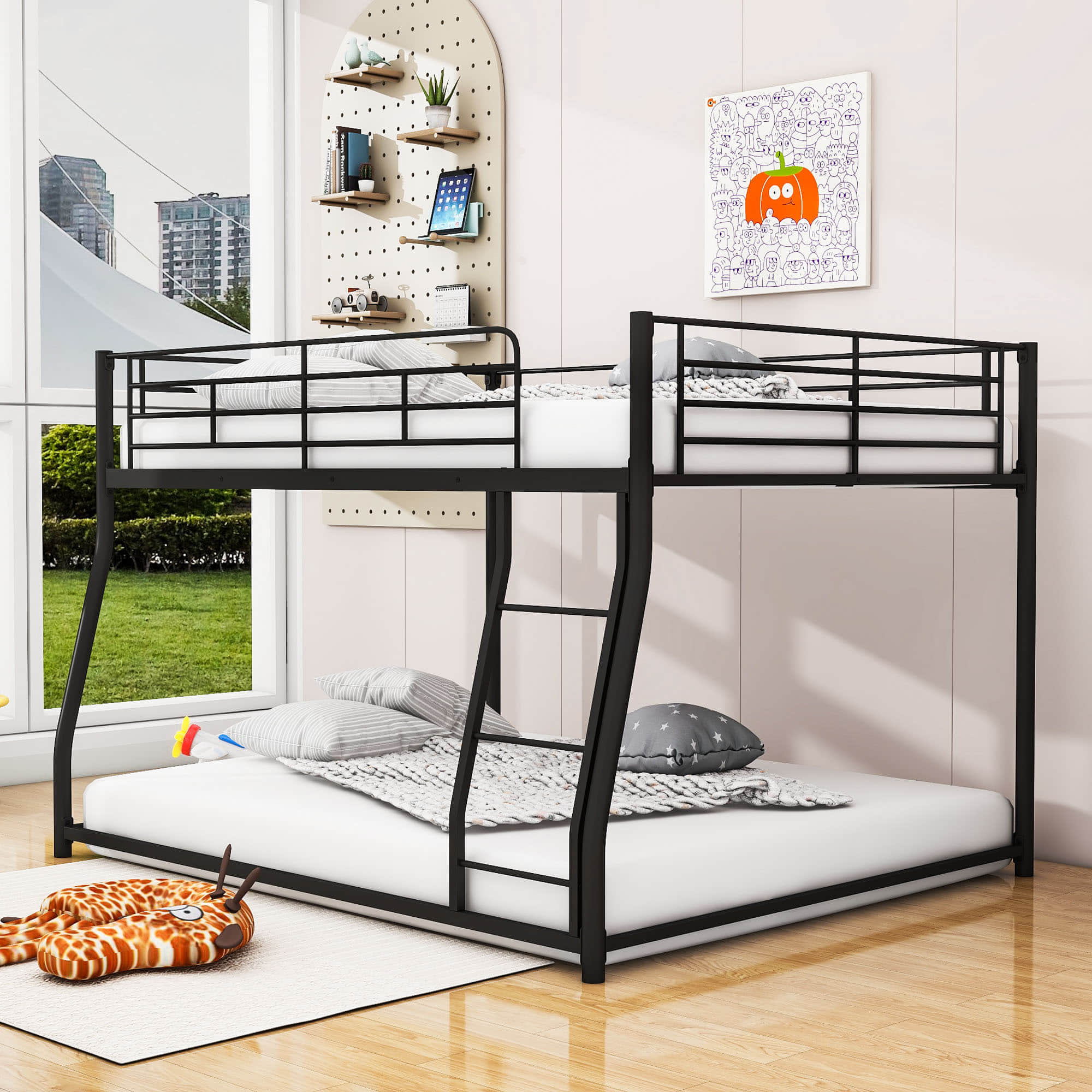 Full XL Over Queen Metal Floor Loft Bunk Beds with Ladder for Adults