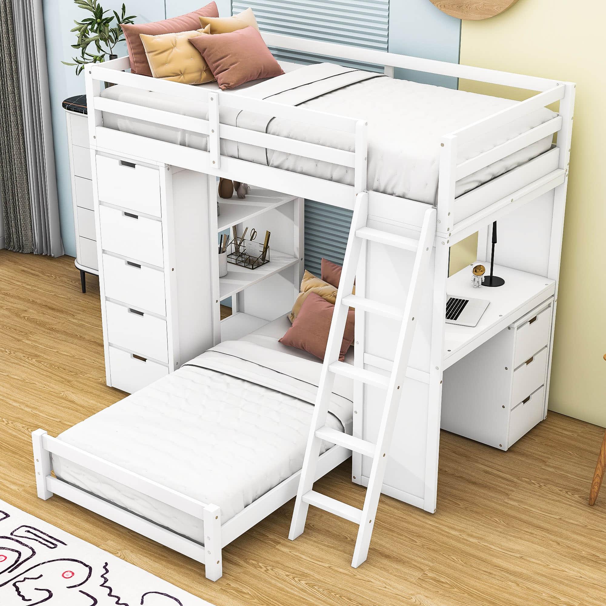 Smart Twin Over Twin Bunk Beds with Desk and Storage Chest, Drawers