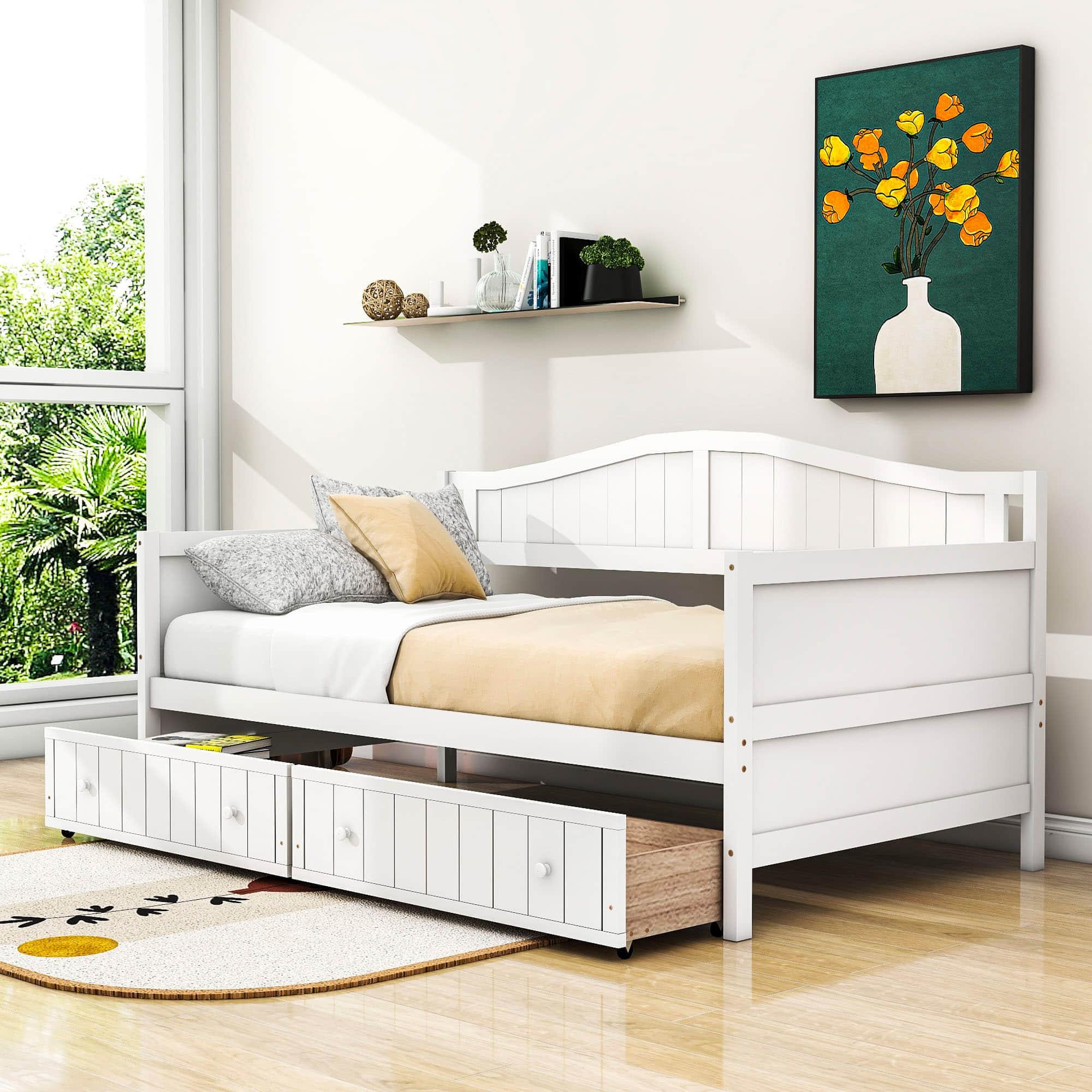 Wood Twin Daybed with Storage Drawers and Arch Back