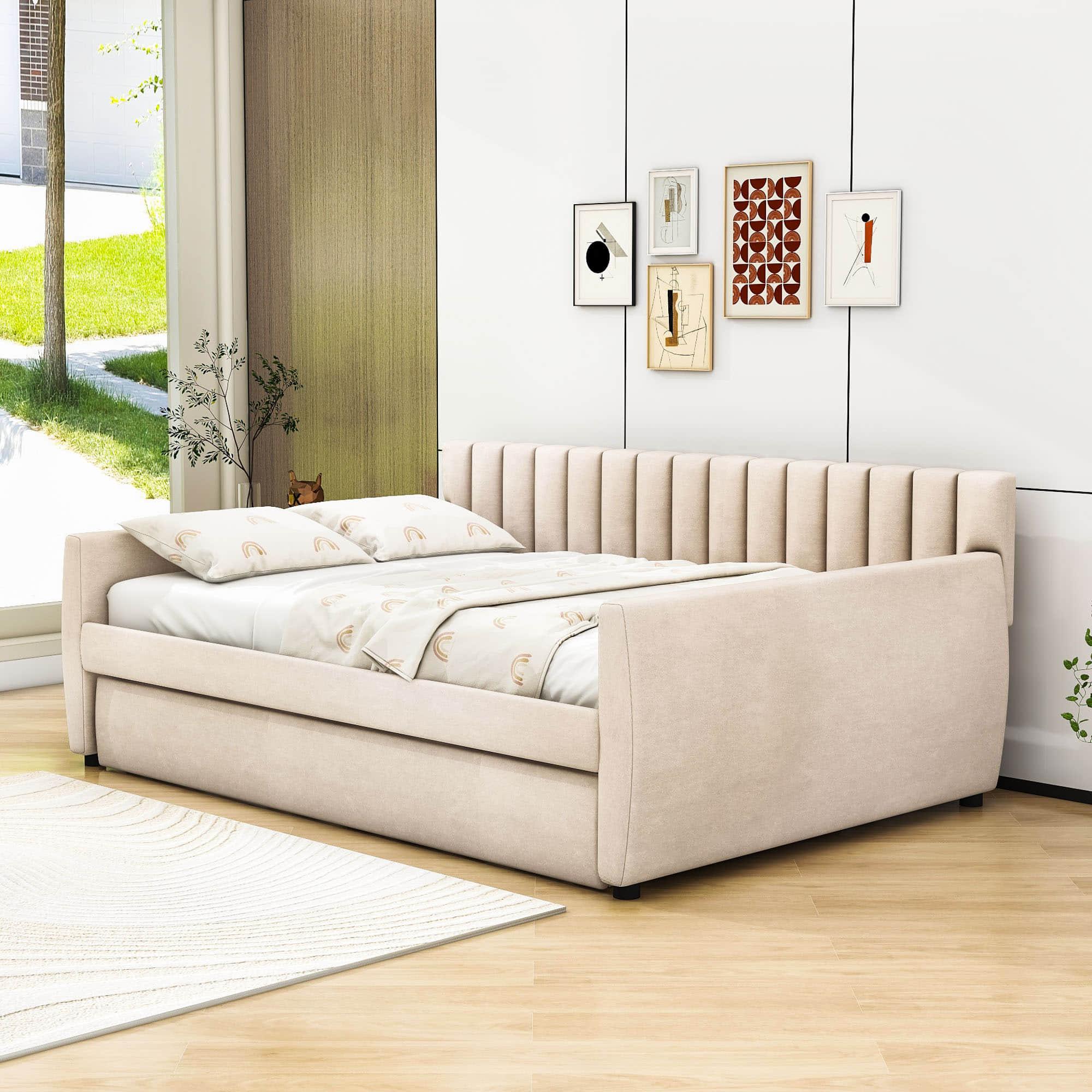 Velvet Upholstered Full Size Daybed with Trundle