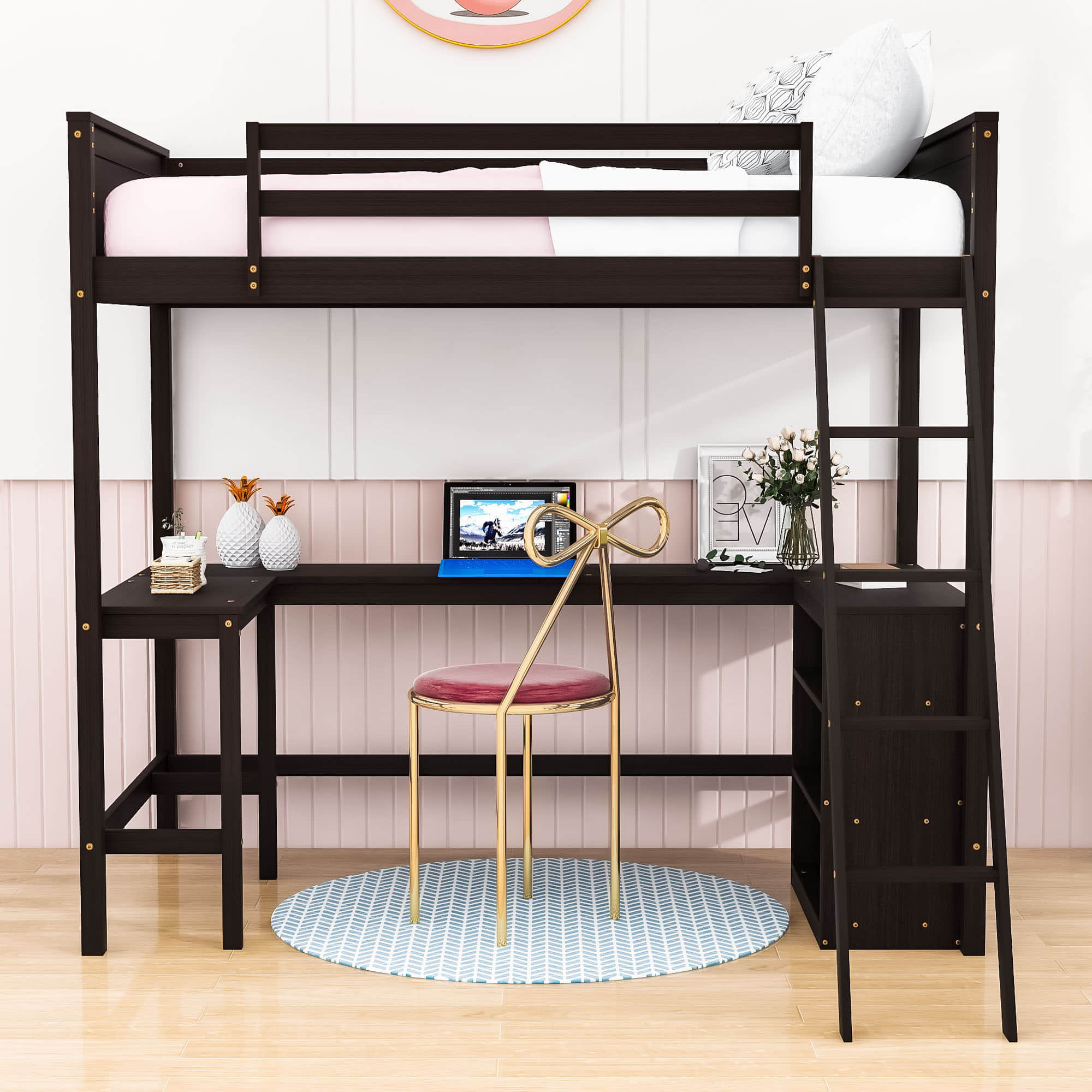 Wood Twin Size Loft Bed with Desk and Storage Shelves for Kids, Adult