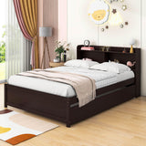 Wooden Full Size Platform Bed with Twin Trundle Bed and Storage Headboard - [Shelves]