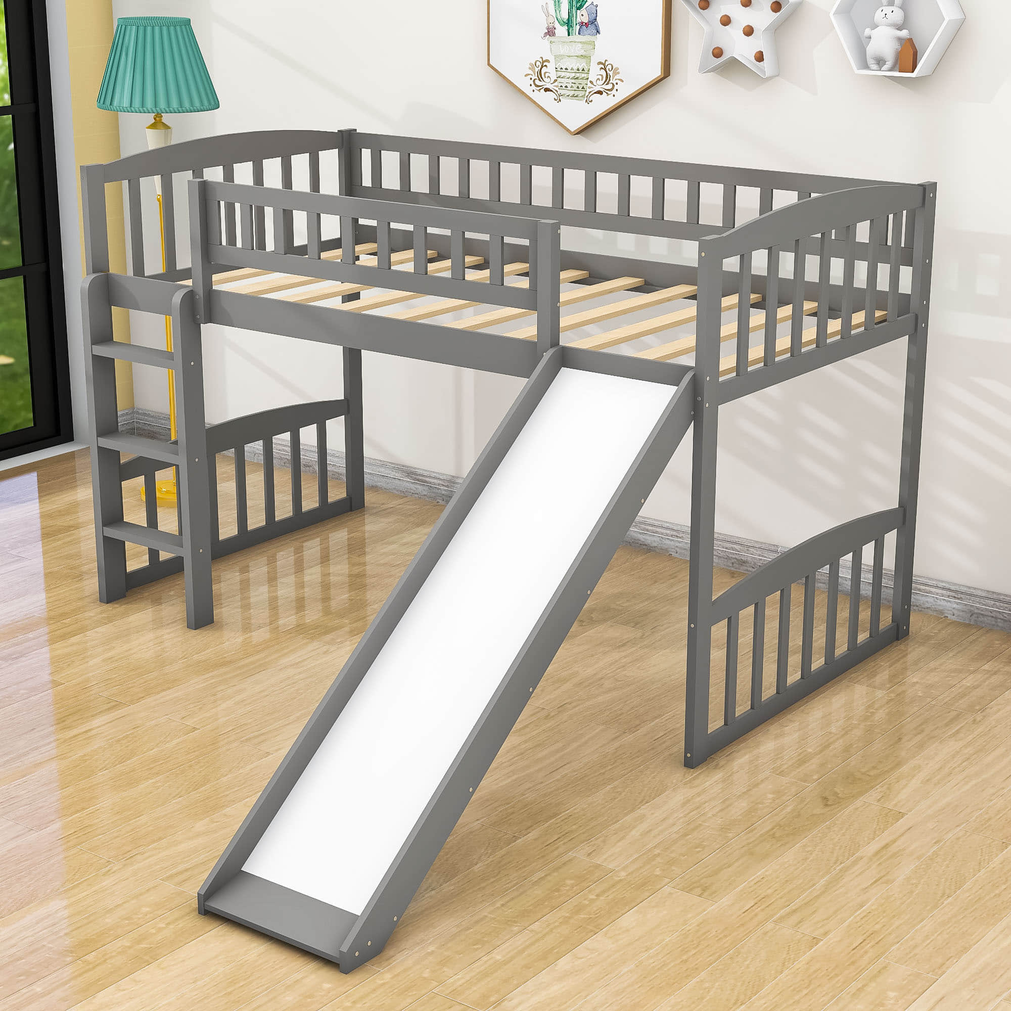 Low Twin Loft Bed with Slide for Kids - [Wood, Interchangeable]