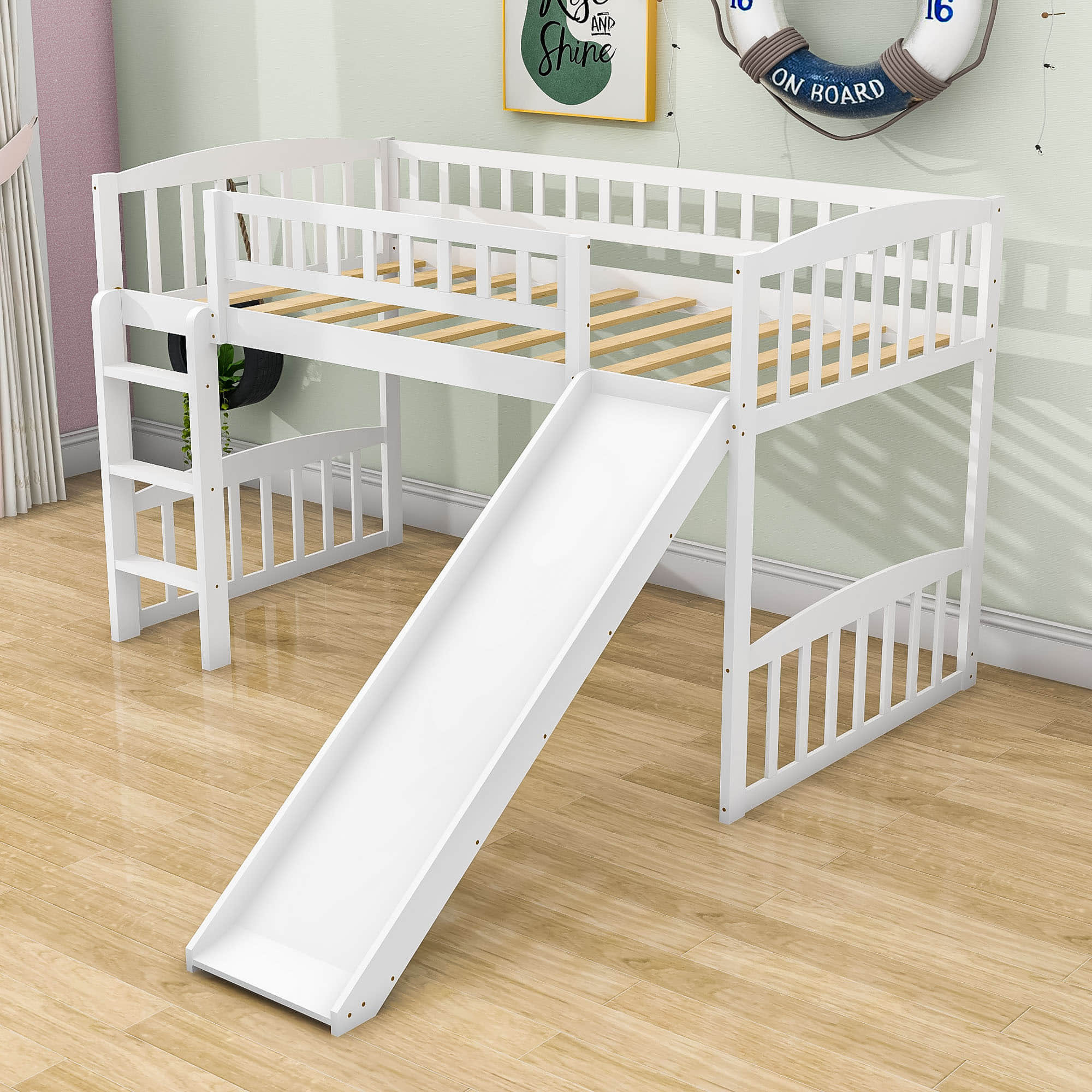 Low Twin Loft Bed with Slide for Kids - [Wood, Interchangeable]