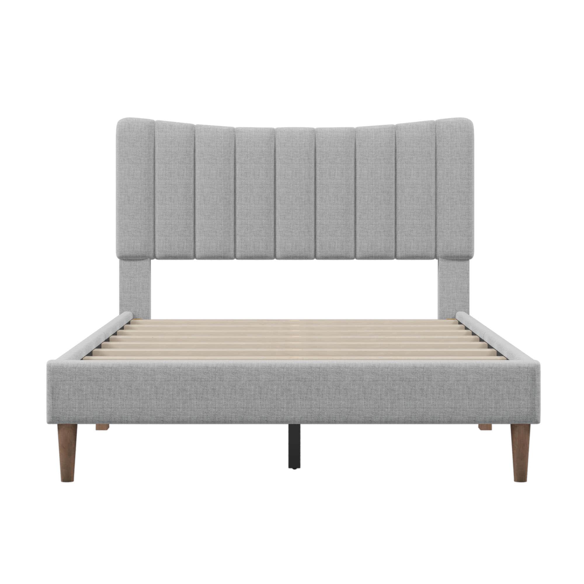 Full Size Linen Upholstered Platform Low Bed Frame with Headboard