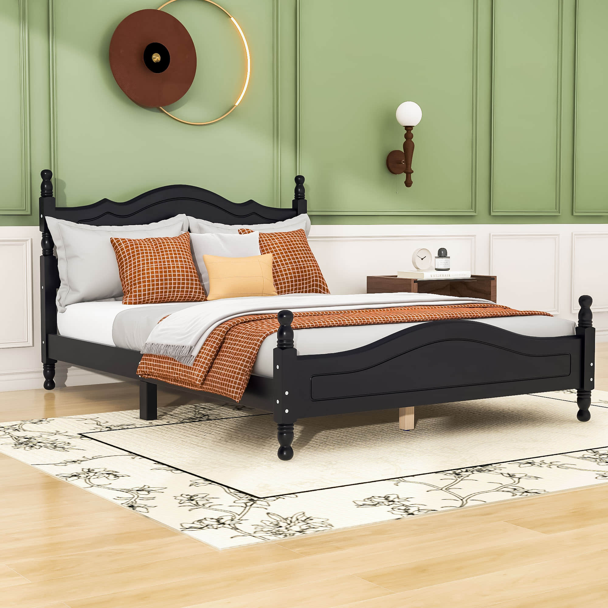 Traditional Full Size Low Profile Wood Platform Bed Frame with Headboard