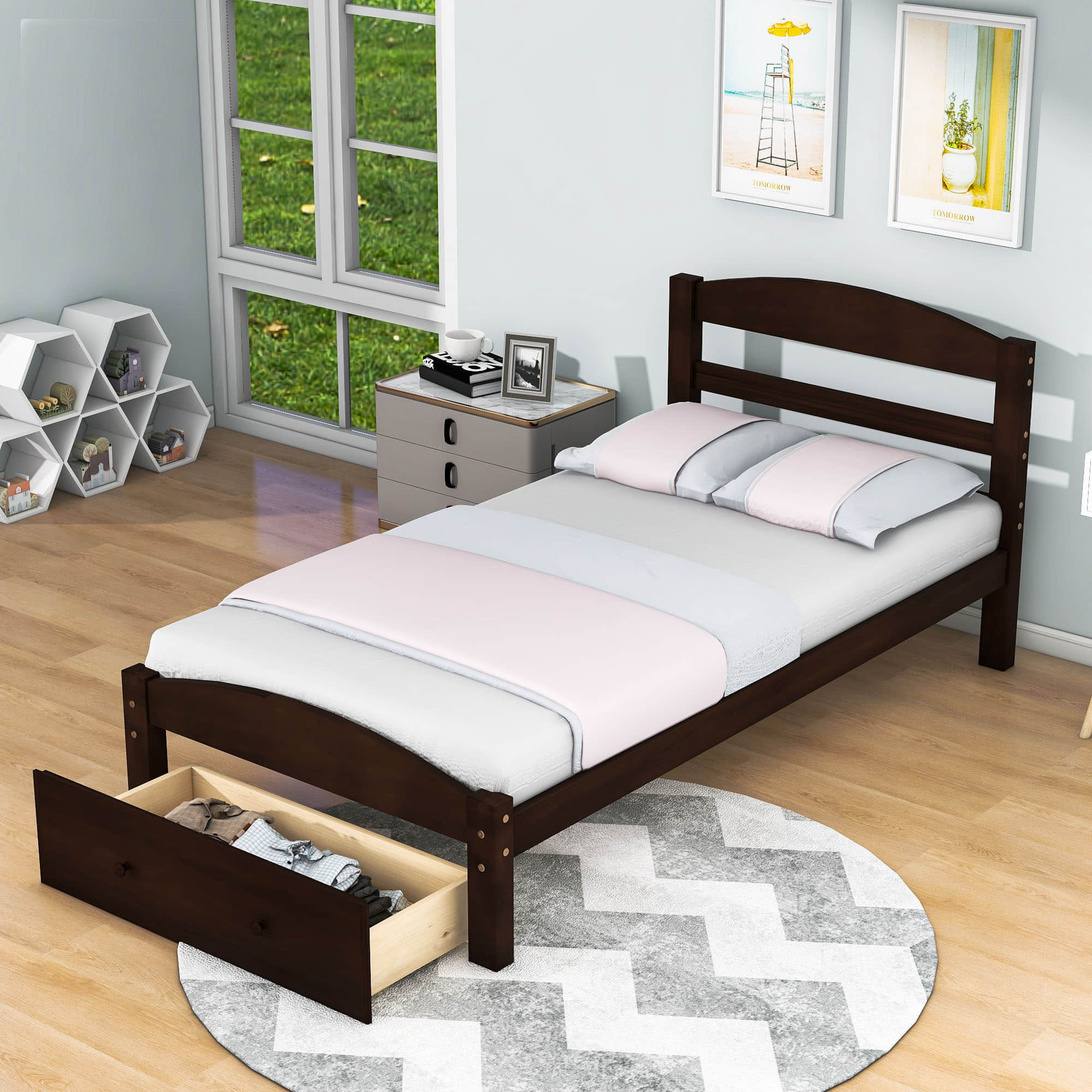 Wood Twin Bed Frame with Headboard and Storage Kids Bedroom Furniture