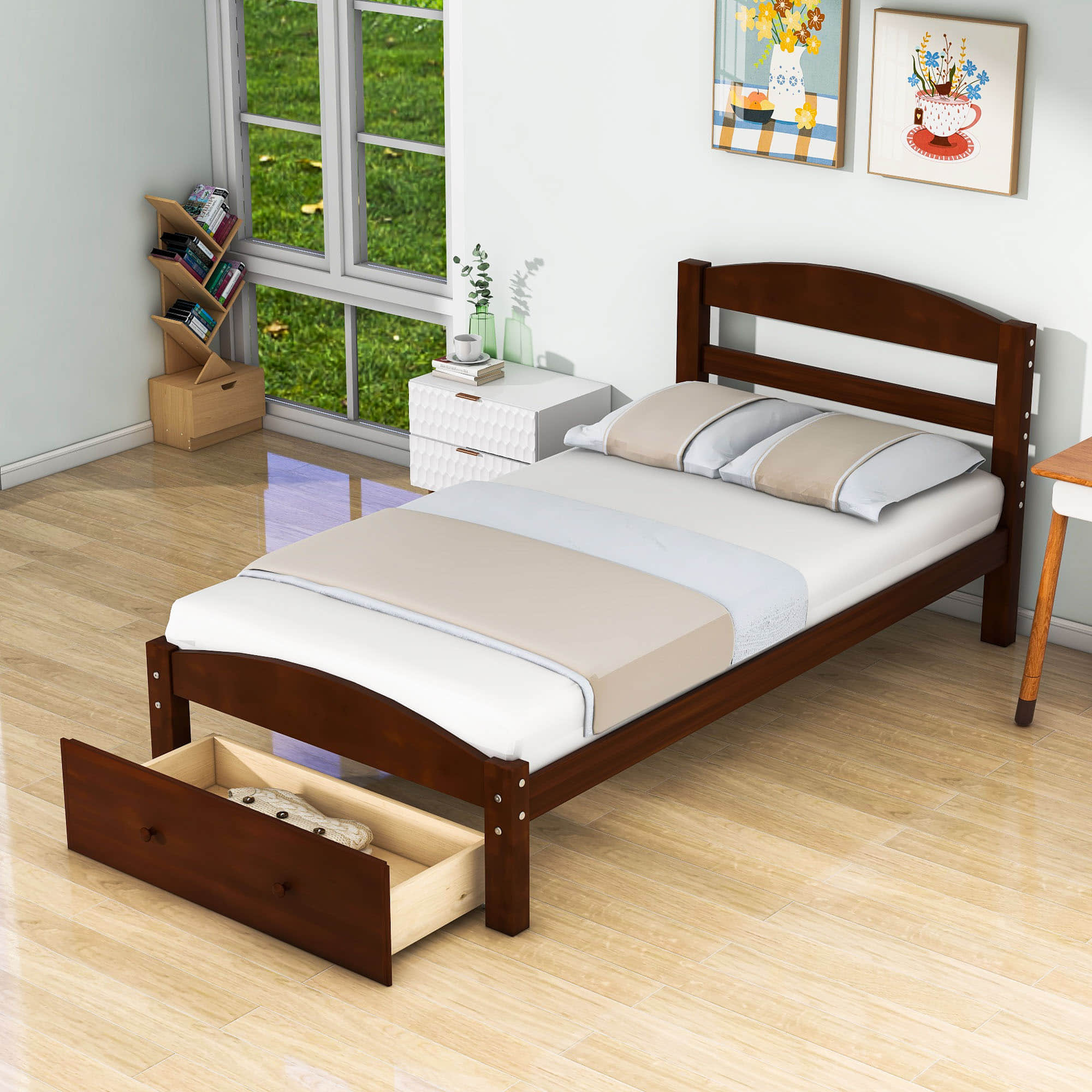 Wood Twin Bed Frame with Headboard and Storage Kids Bedroom Furniture