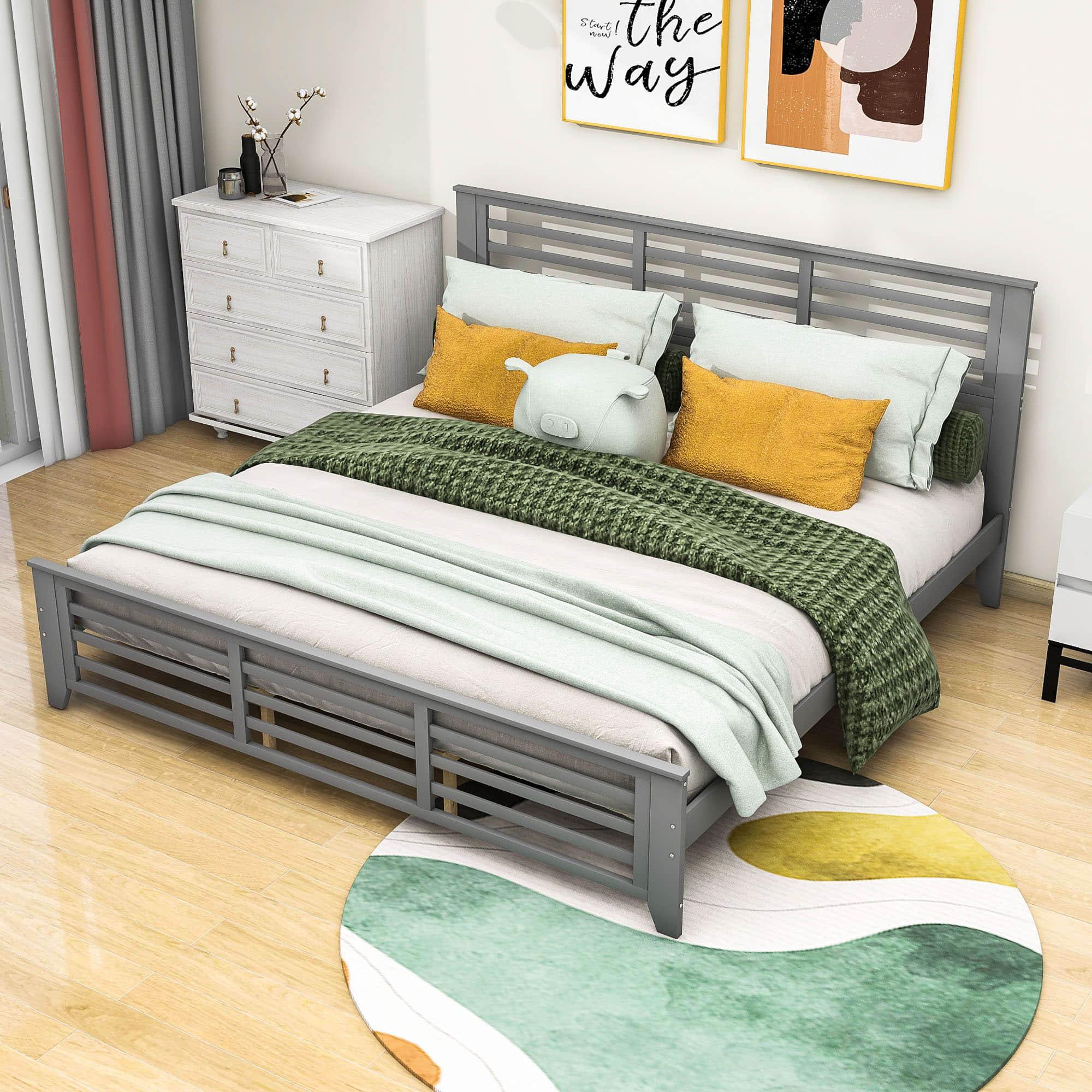 Wooden King Size Platform Bed with Open-Frame Headboard