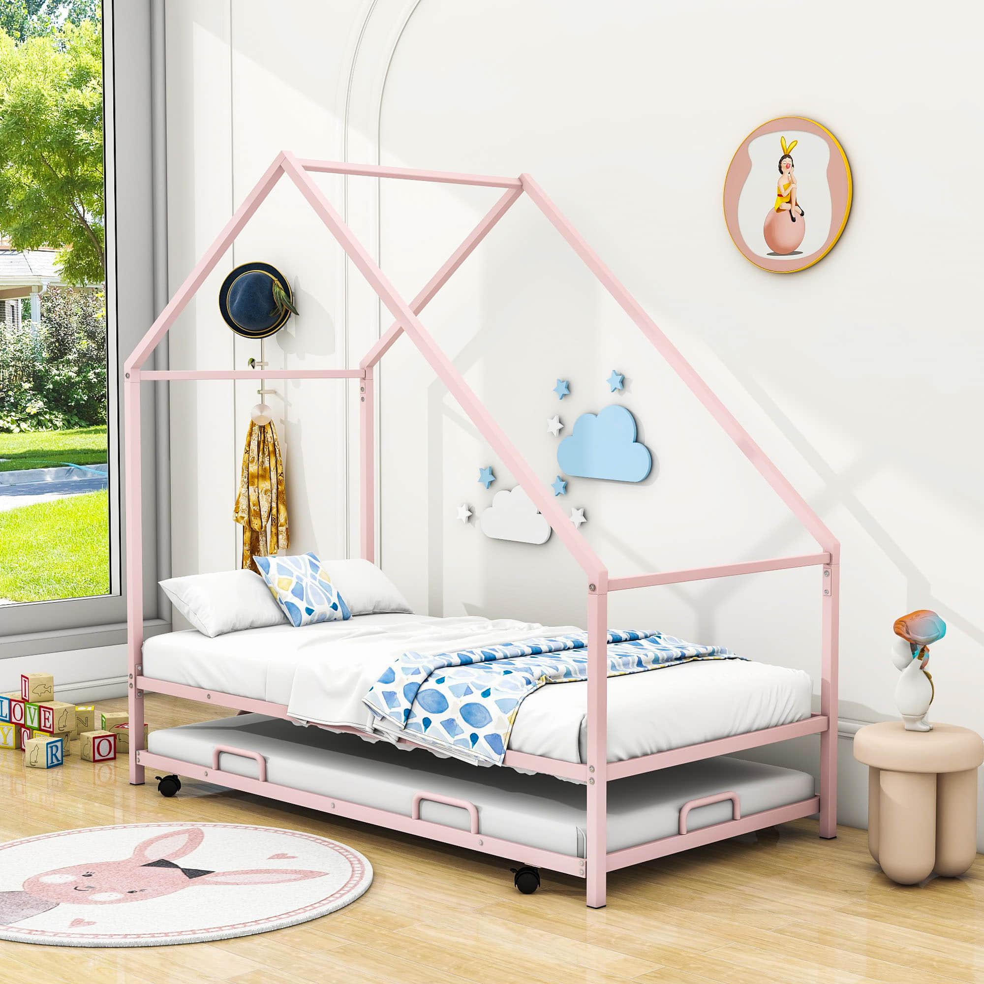 Twin Size Metal Tent House Bed Frame with Twin Trundle Bed