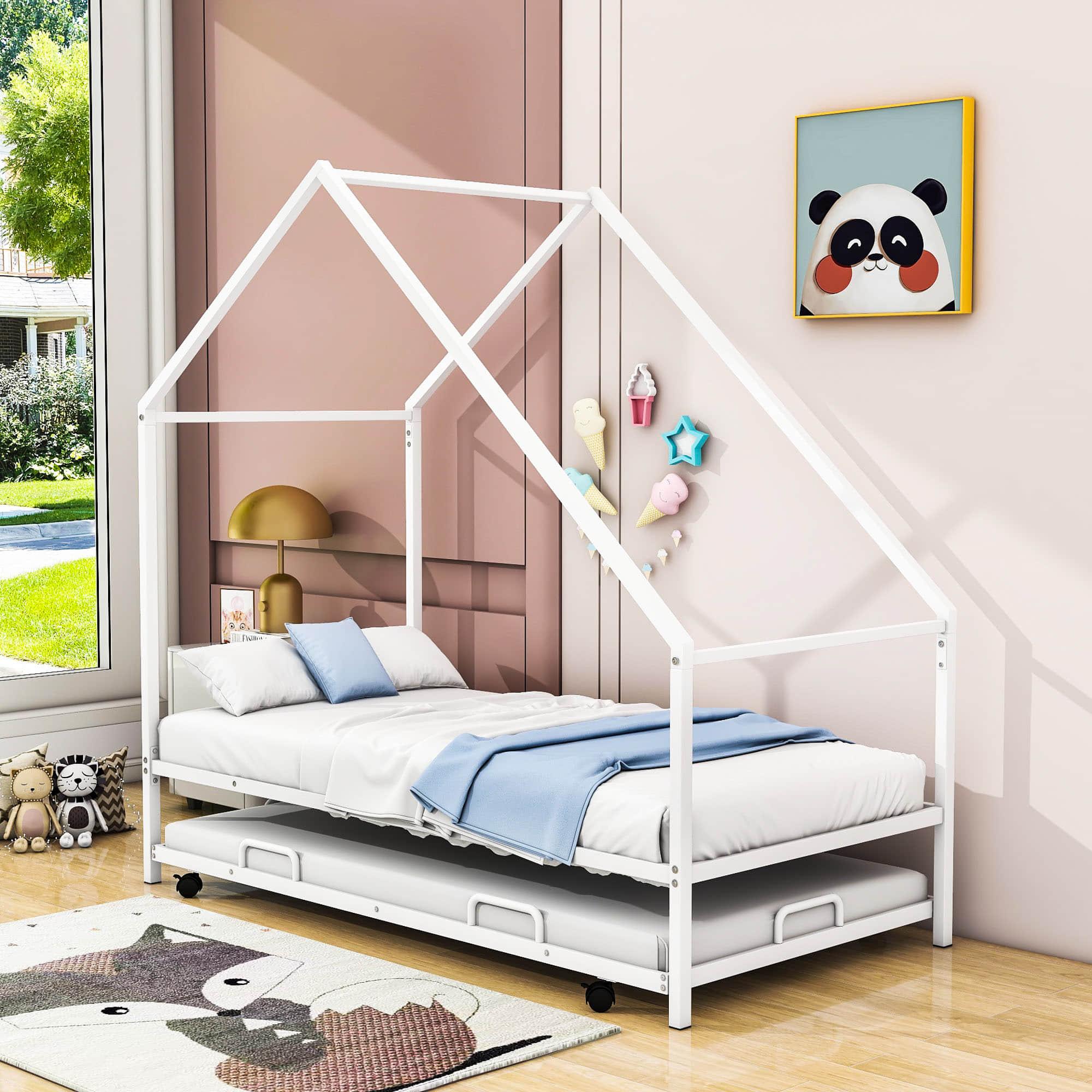 Twin Size Metal Tent House Bed Frame with Twin Trundle Bed