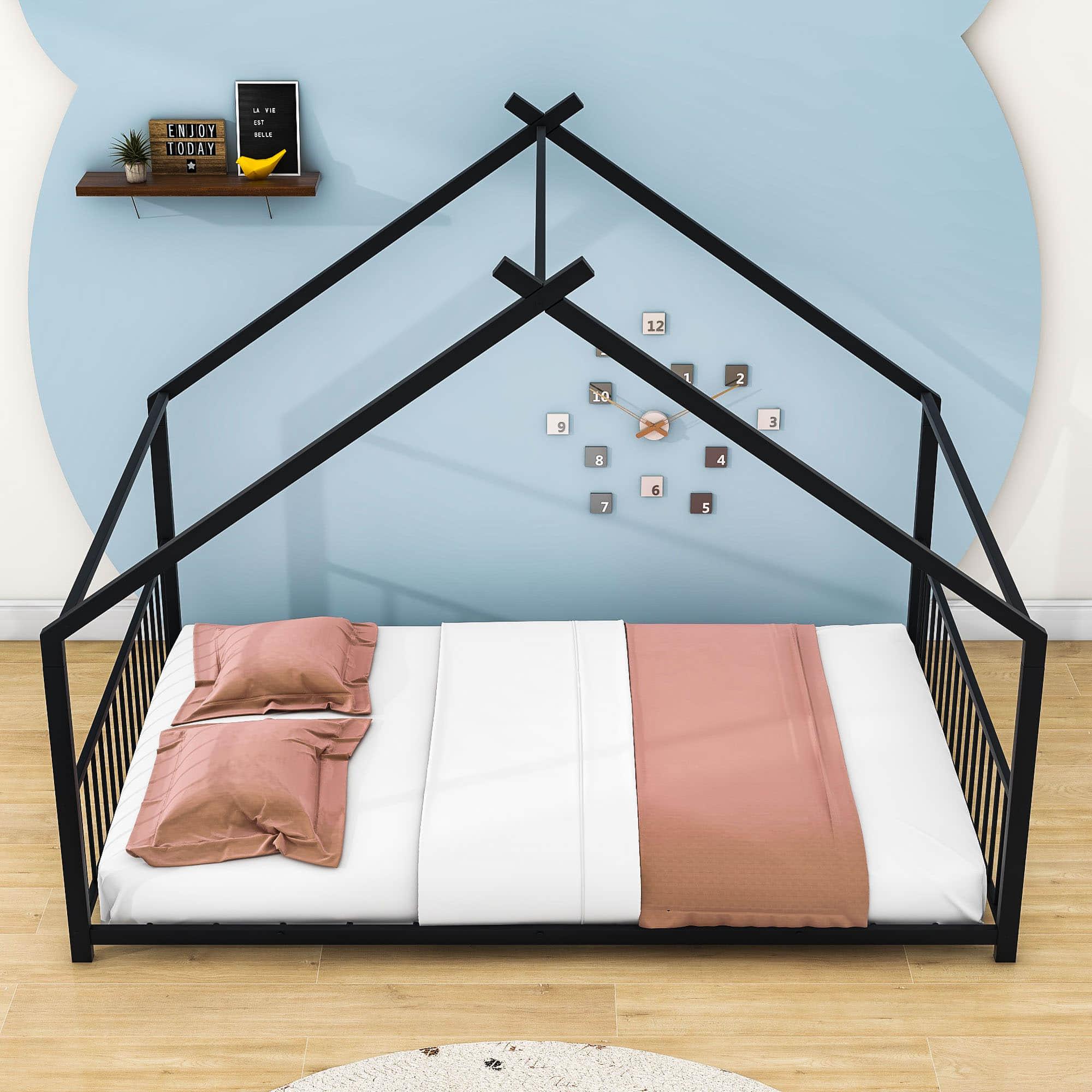 Full Size Metal House Floor Bed for Toddler, Kids