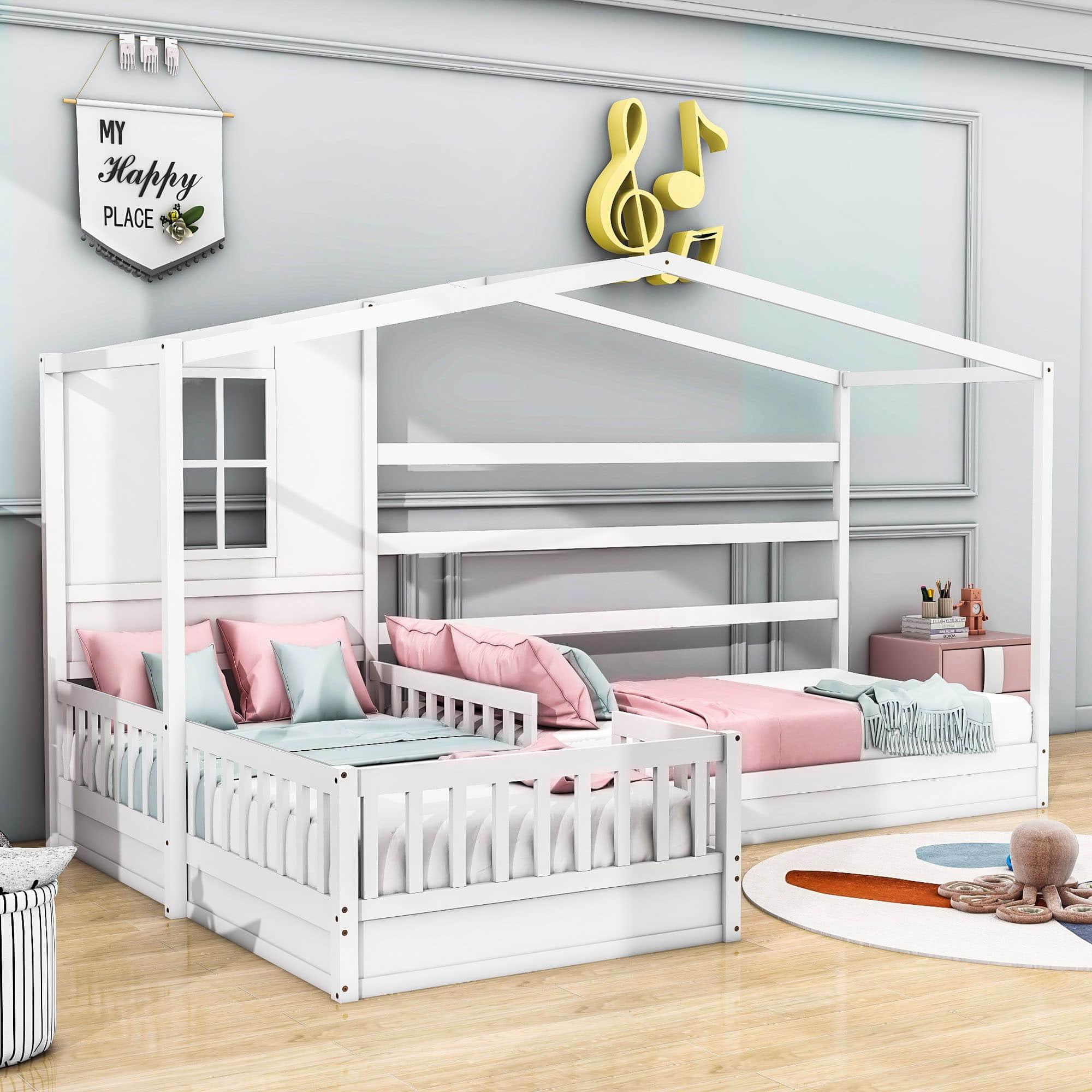 Wooden Montessori Twin Size House Double Kids Bed with Rails