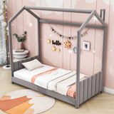 Low Profile Twin Velvet Upholstered House Bed Frame with Headboard