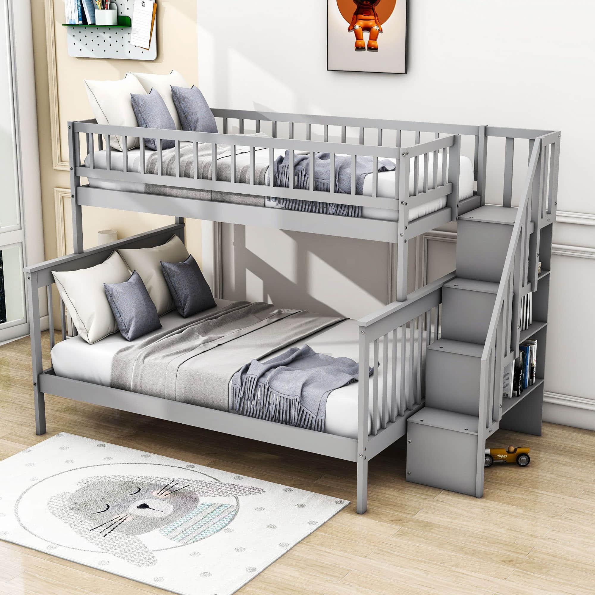 Twin Over Full Wooden Bunk Beds with Stairs and Storage Shelves