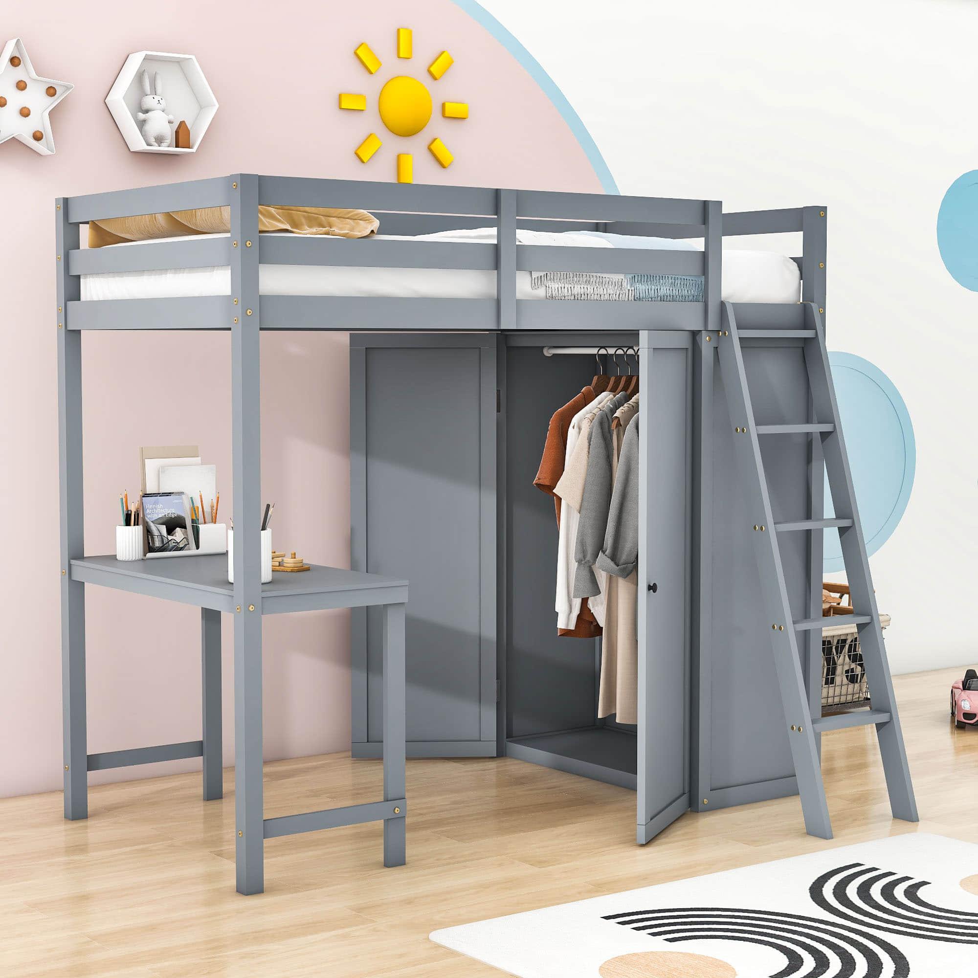 Wood Twin Loft Bed with Desk and Storage for Adults, Kids - [Wardrobe]