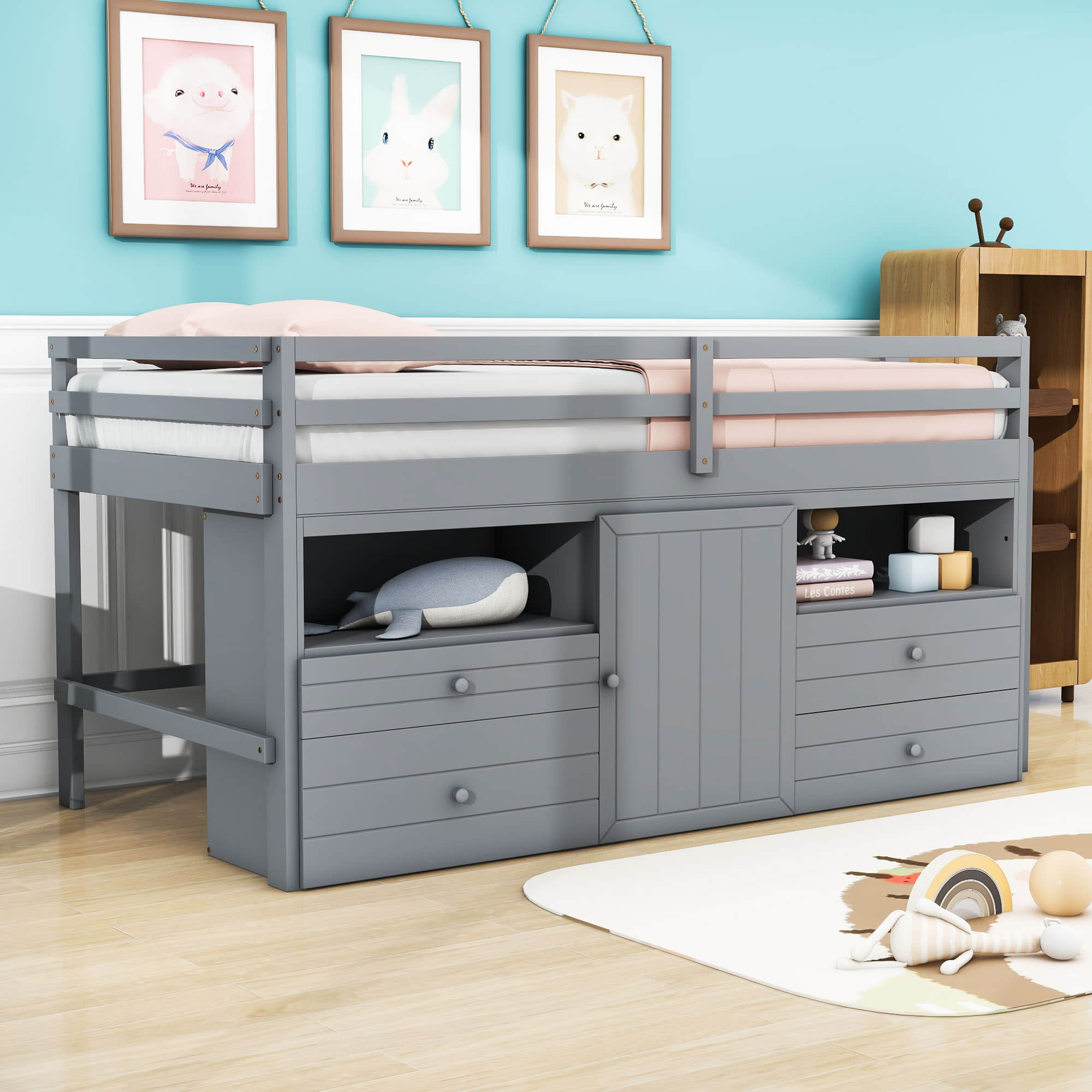 Low Twin Loft Bed Frame with Storage for Kids - [Drawers, Cabinet, Shelves]