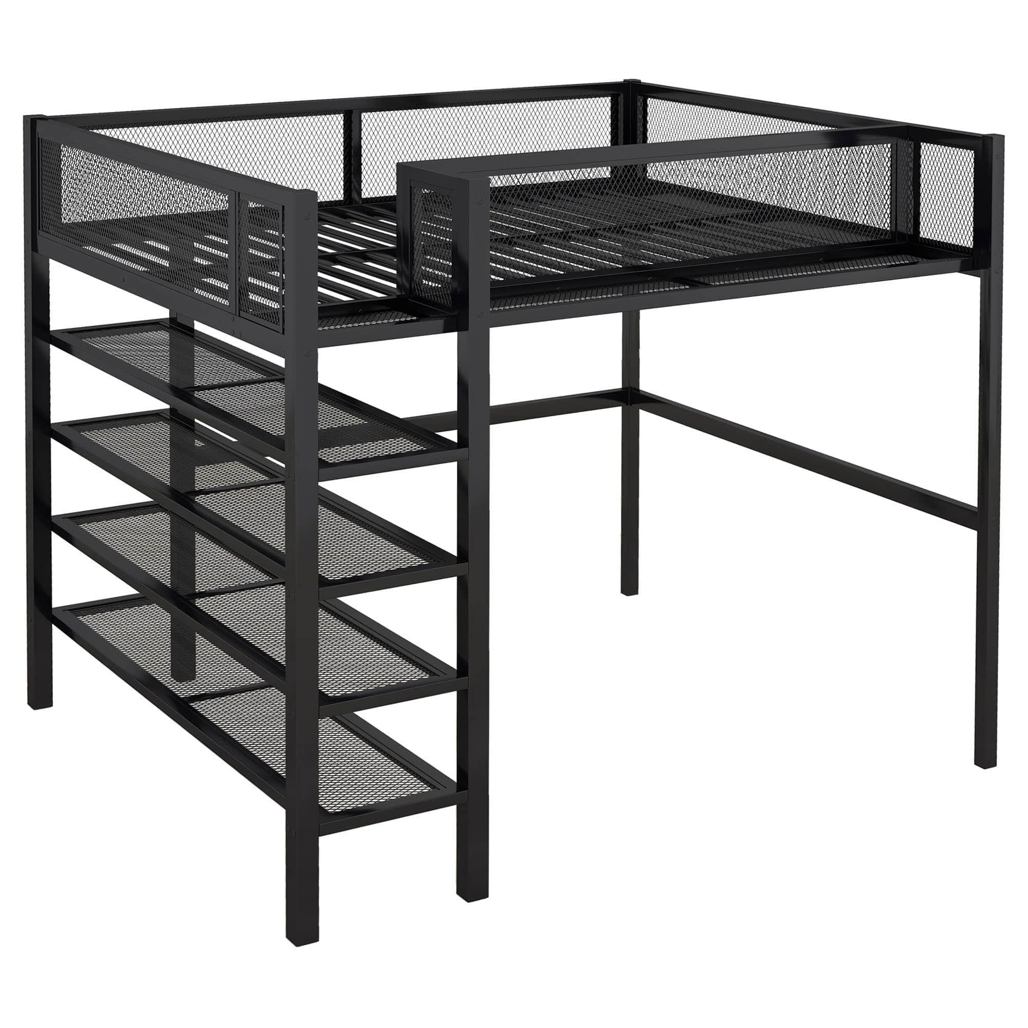 Modern Metal Full Size Loft Bed with Storage Shelves for Adult, Junior