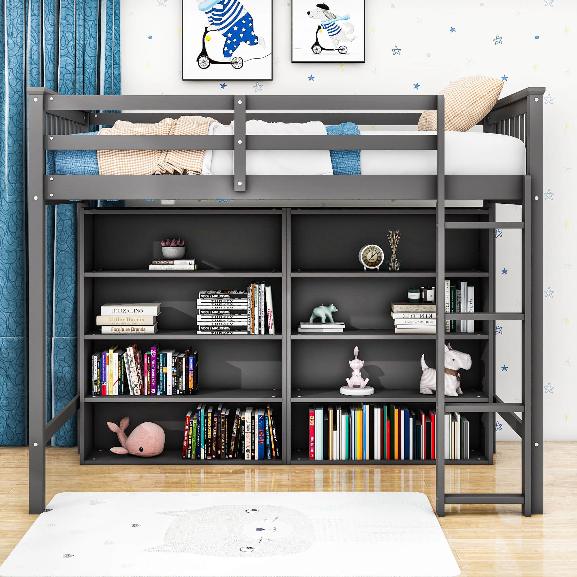 Wood Twin Loft Bed with Large Open Storage Shelves for Adults, Kids