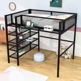 Sturdy Twin Metal Loft Bed Frame with Storage Shelves for Adults, Kids