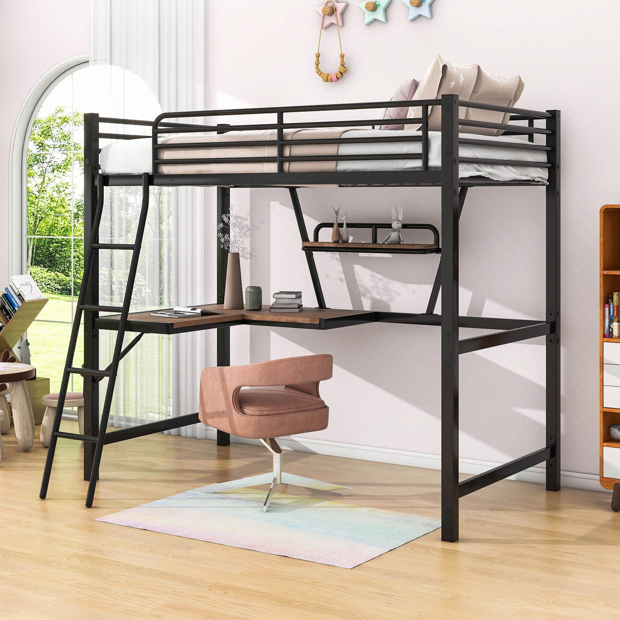 Metal Twin Loft Bed with Desk and Storage Shelf for Gamer, Adults