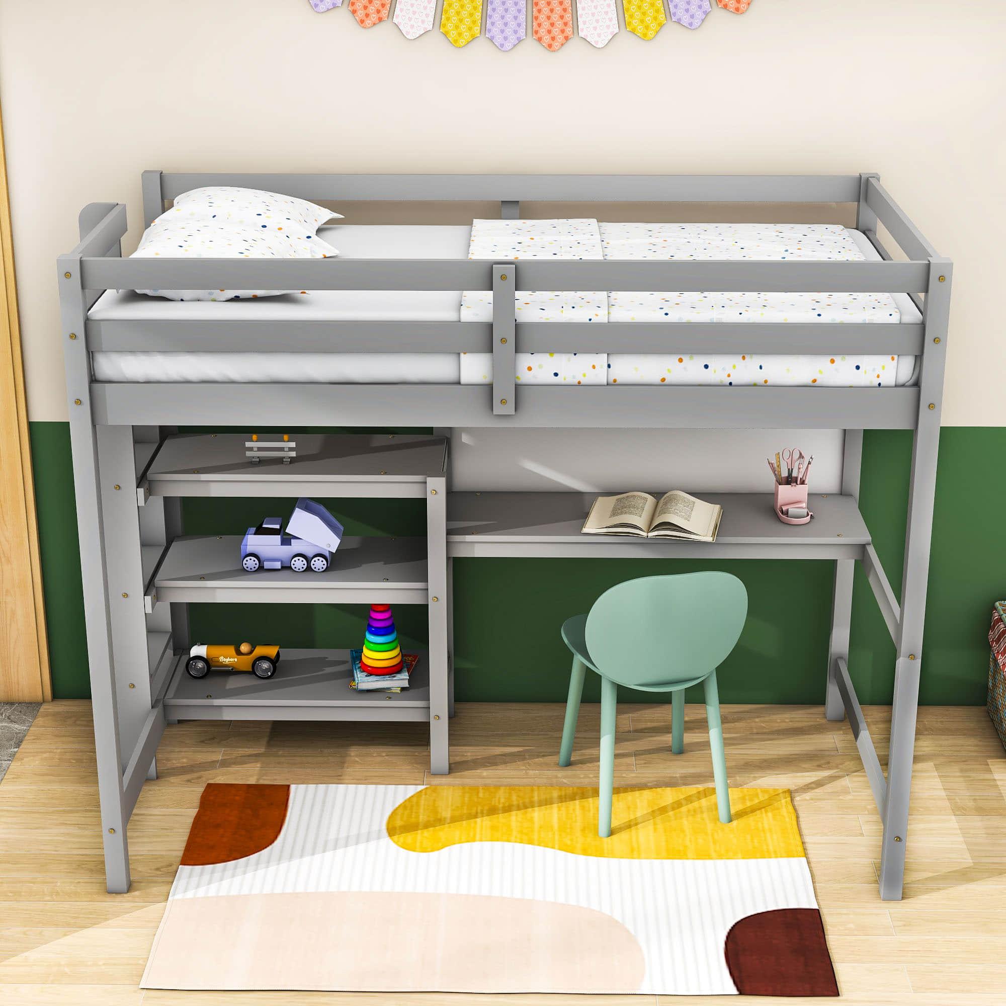 Wooden Twin Loft Bed with Desk and Storage Shelves for Adult, Kids, Junior