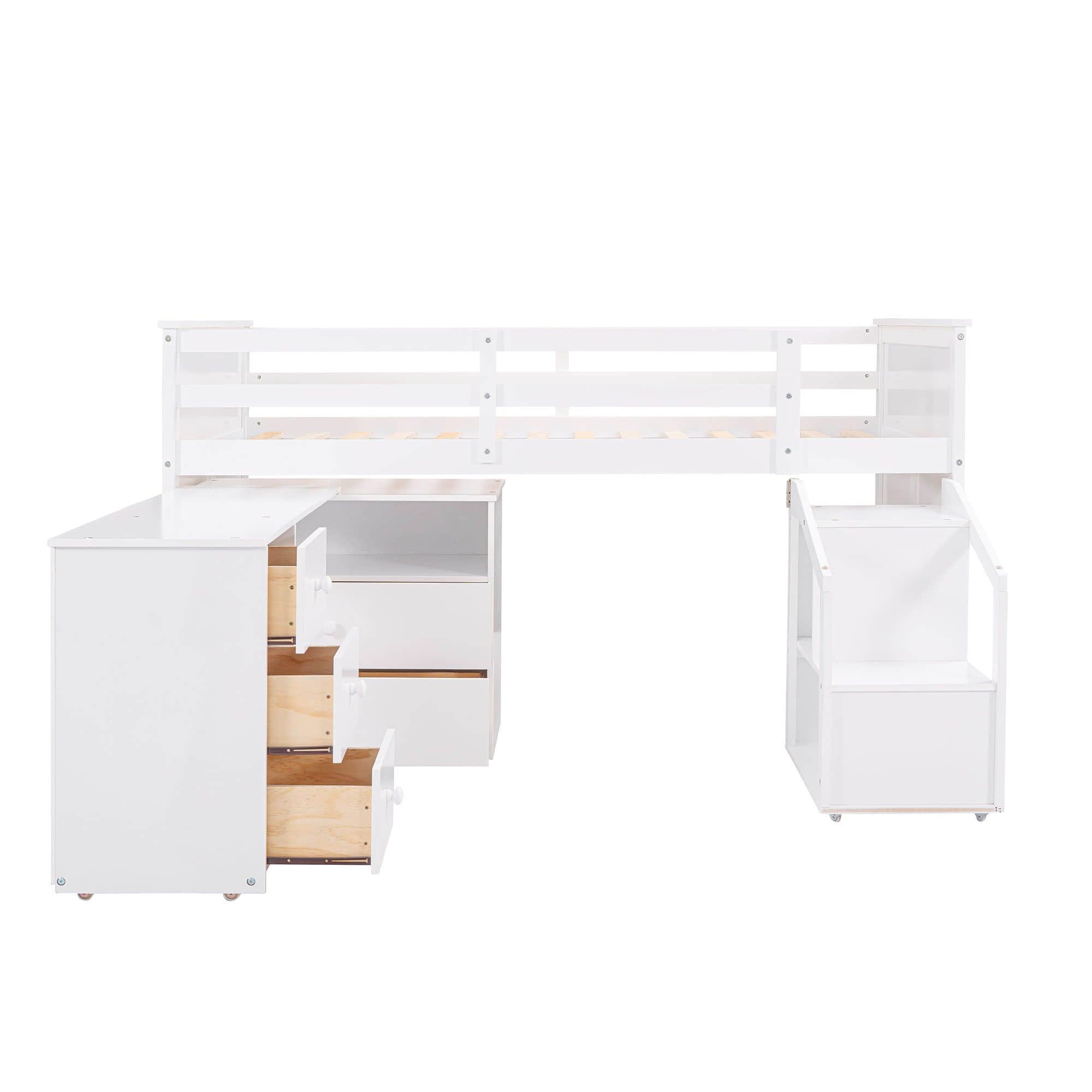 Low Twin Loft Bed with Portable Desk and Stairs, Storage - [Wood, Drawers, Shelves]