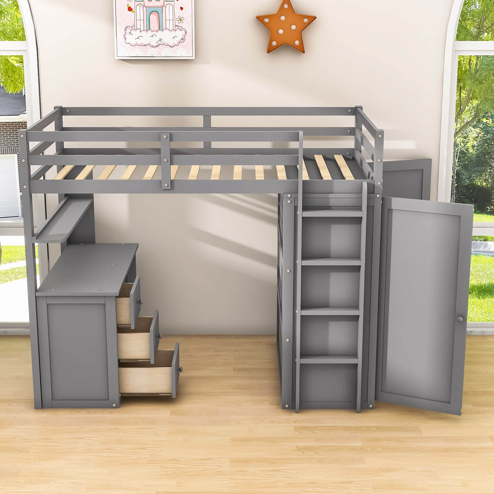 Wood Twin Loft Bed with Desk and Storage for Kids, Adults - [Wardrobe]