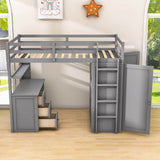 Wood Twin Loft Bed with Desk and Storage for Kids, Adults - [Wardrobe]