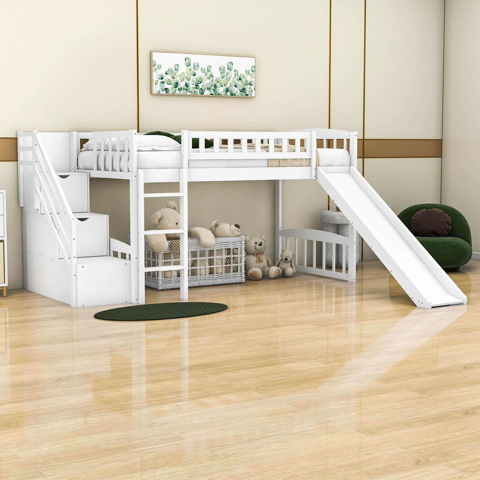 Low Twin Loft Bed with Storage Stairs and Slide - [Wood, Interchangeable]