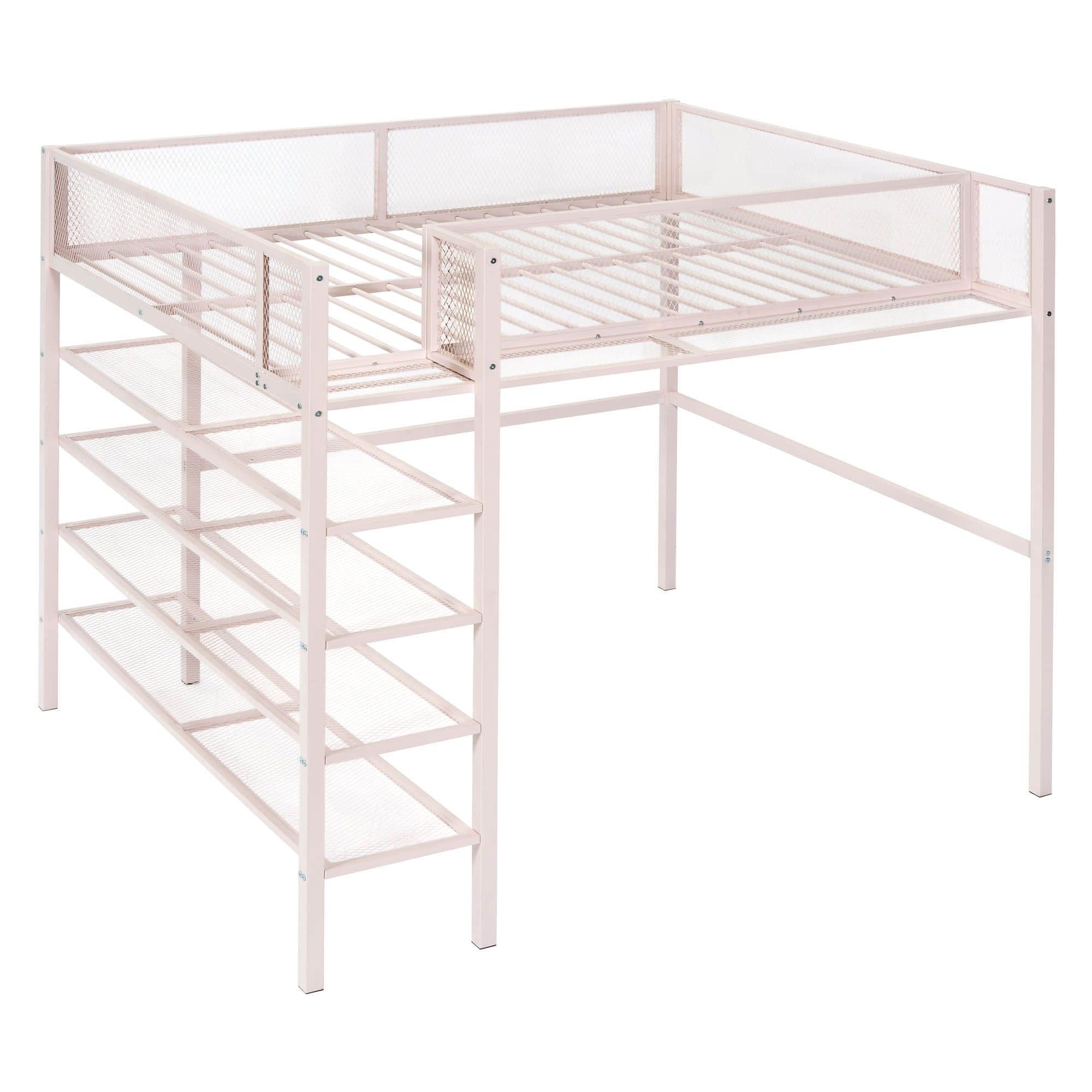 Modern Metal Full Size Loft Bed with Storage Shelves for Adult, Junior