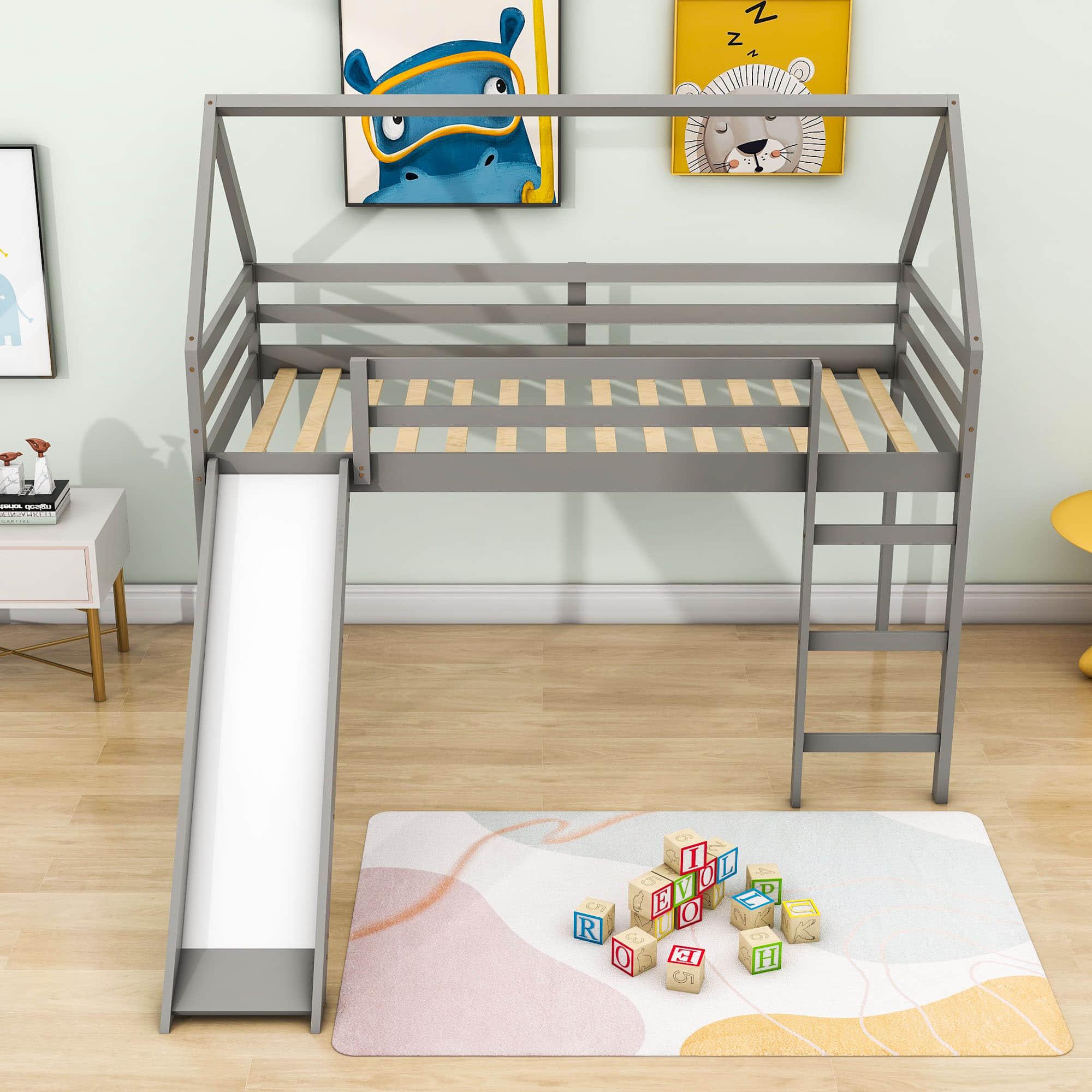 Wood House Twin Loft Bed for Kids with Slide